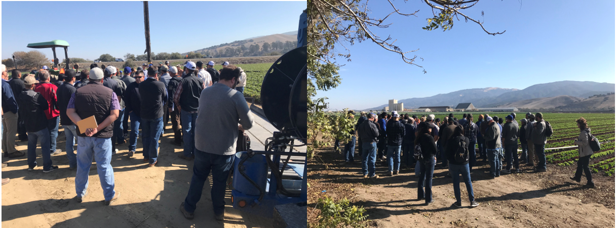 Attendees of the 2018 Farm Tour listen to Mark Mason of Huntington Farms and Anthony Duttle of Tanimura and Antle discuss the challenges and opportunities of central coast agriculture. 