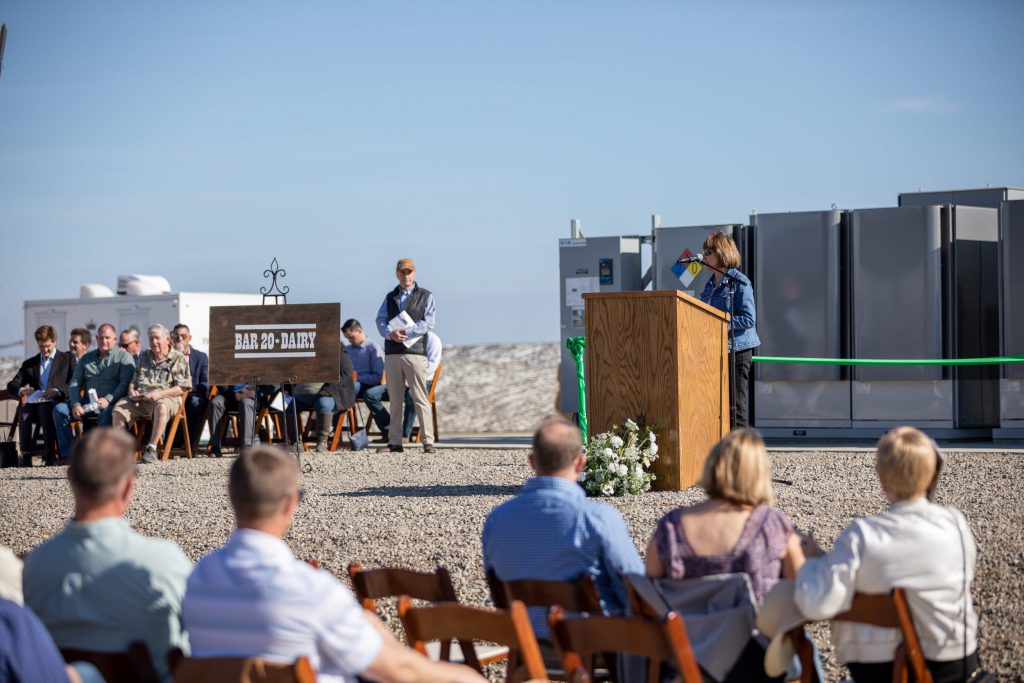 California Department of Food and Agriculture Secretary Karen Ross speaking at the Bar 20 ribbon-cutting ceremony.